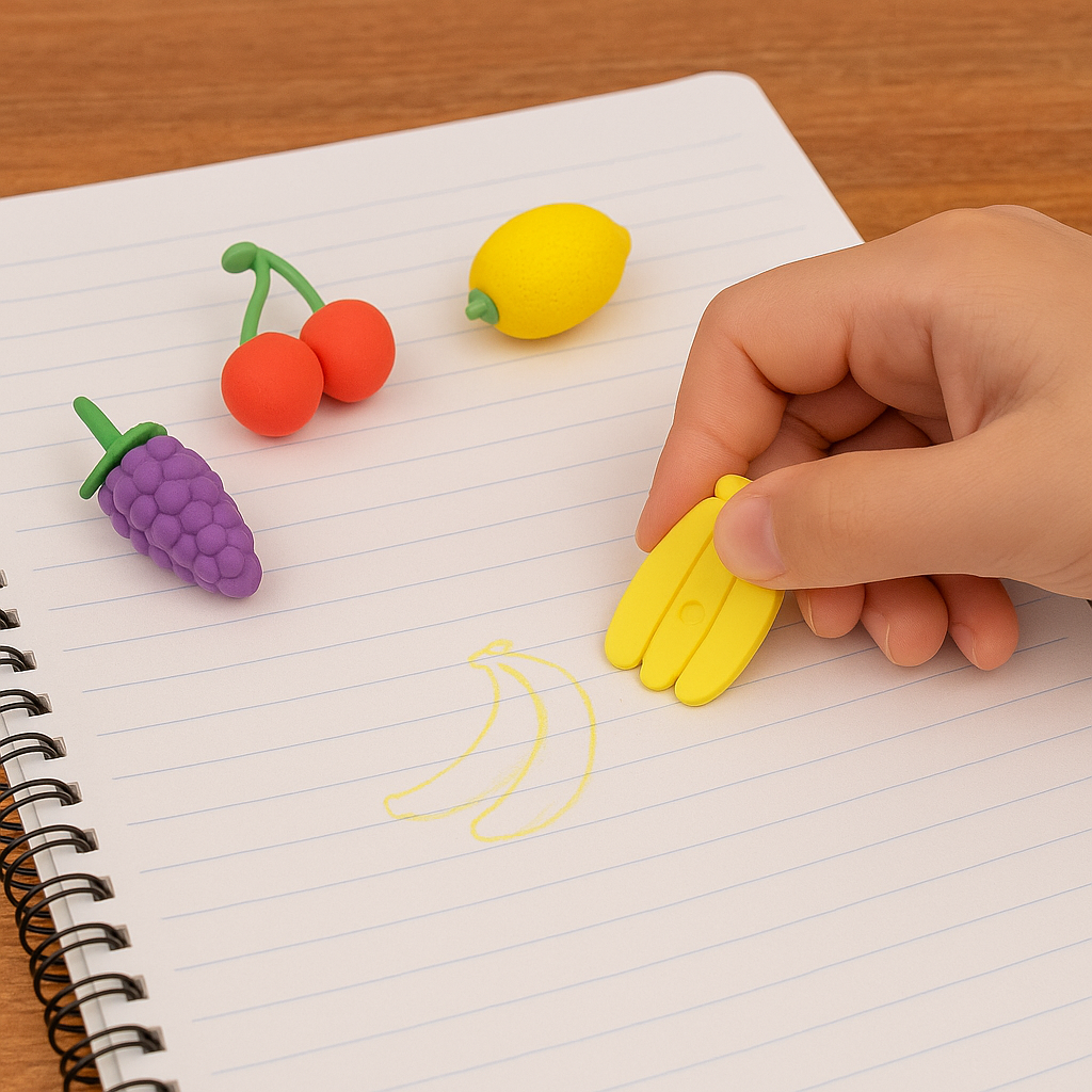 Mini Cute Vegetables and Fruits Erasers or Pencil Rubbers for Kids, 1 Set Fancy & Stylish Colorful Erasers for Children, Eraser Set for Return Gift, Birthday Party, School Prize, 3D Erasers (4 pc Set)