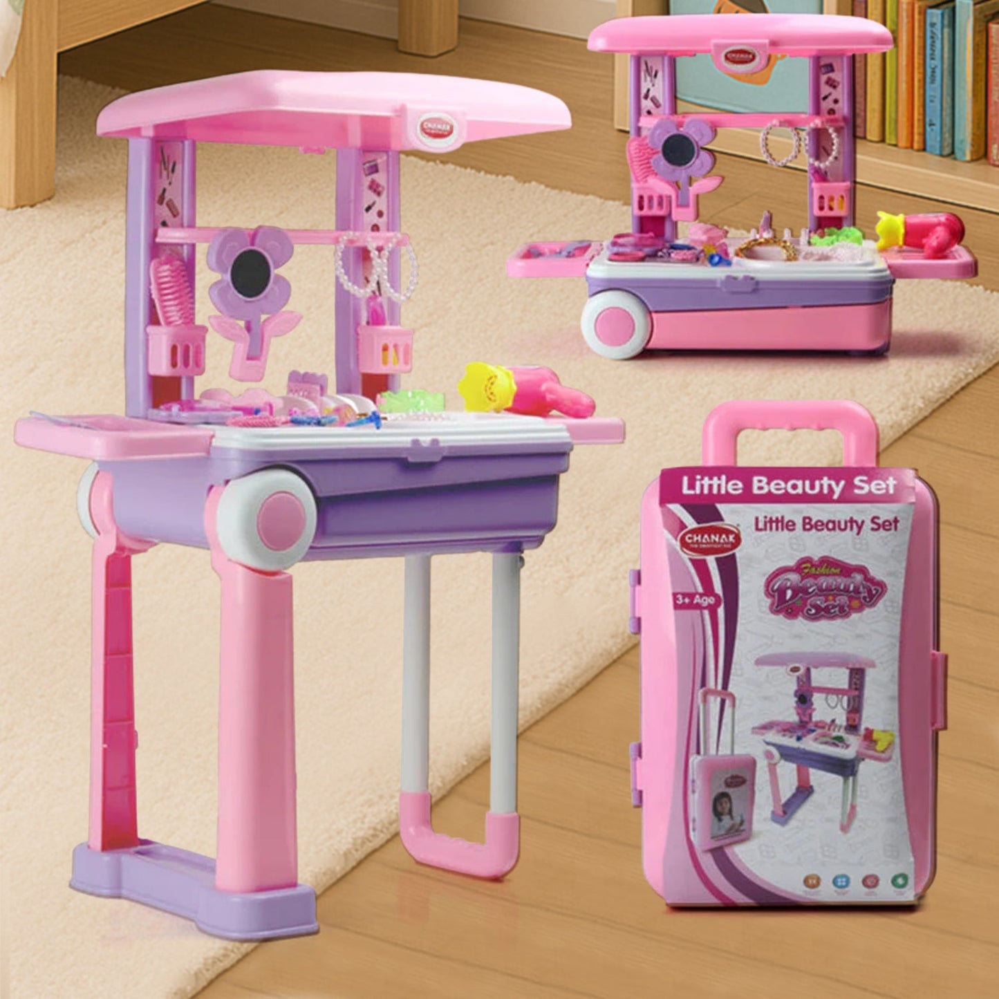 Big Beauty Set Suitcase On Wheel, The Ultimate Beauty Set On Wheels for Girls, Makeup Kit is Easy to Clean & Use, Portable Beauty Set with 25 Pieces for 3 Years BIS Approved. (Beauty Set Trolley)